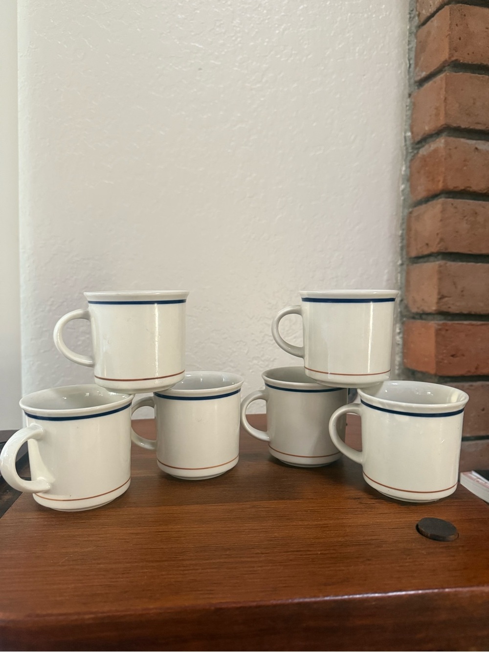 Vintage White Ceramic Mugs with Blue Rim and Brown Stripe - Set of 6 -